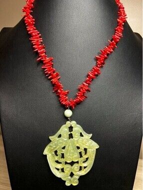 B5717 Vintage Natural Red Coral Jade Pendant Necklace Sterling Silver carved 17"